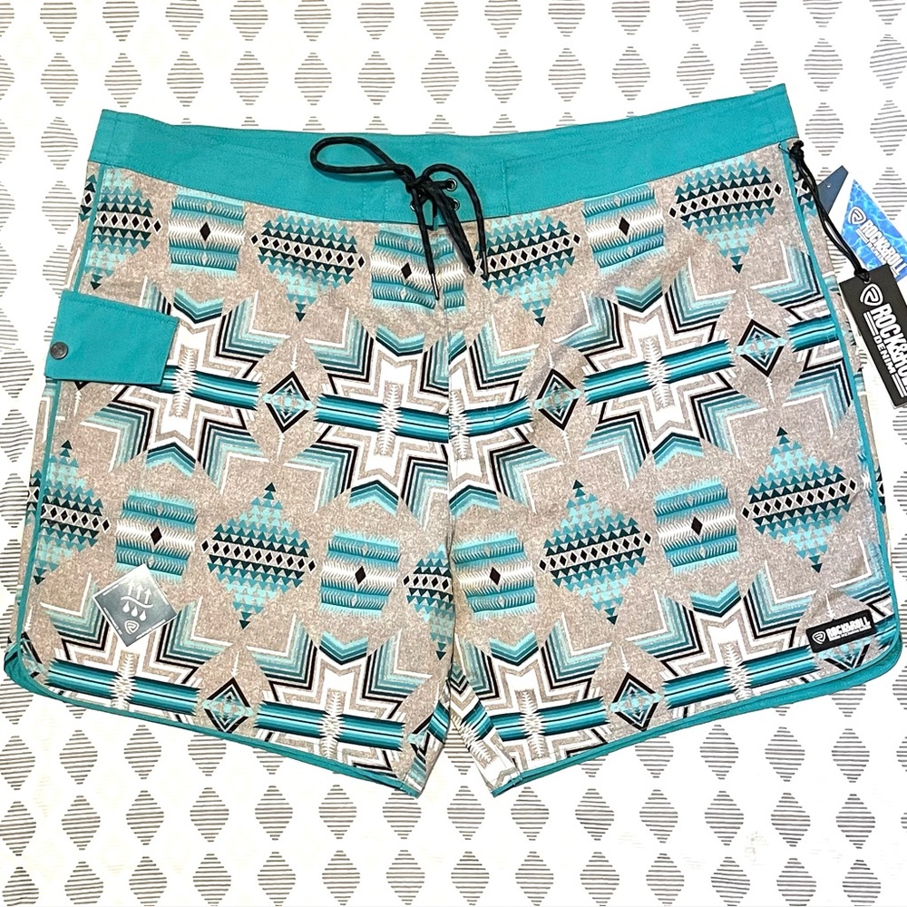NWT Rock & Roll Denim 7" Board Shorts - Turquoise Southwest Pattern - Size XXL